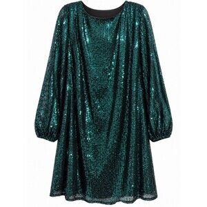 Chic Soul 2X Emerald Green Sequin Long Sleeve Swing Dress Holiday Party
